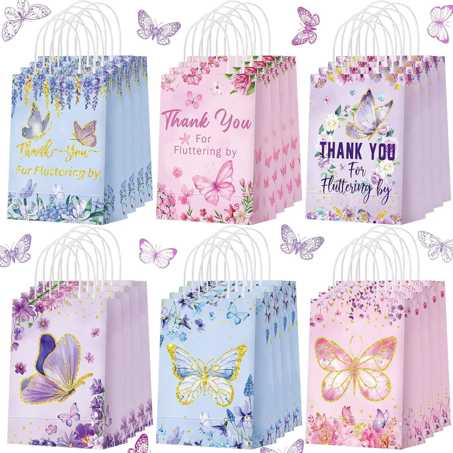 KASTWAVE Butterfly Gift Bags, 24 Pcs Pink Purple Flowers Candy Treat Goodie Bags, Thank You for Fluttering by Paper Bags with Handles for Girls Birthday Party Supplies Baby Shower