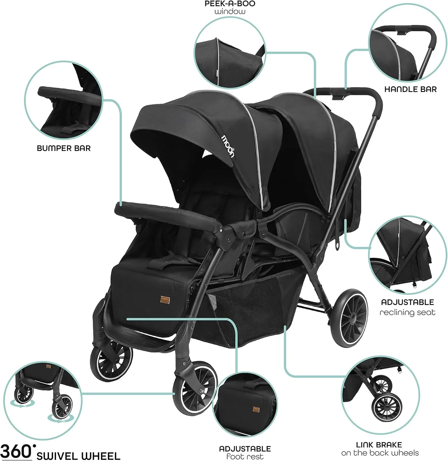 MOON Dois - Easy Foldable Twin Stroller, Pram with Adjustable Leg Rest, Blue, 0m+