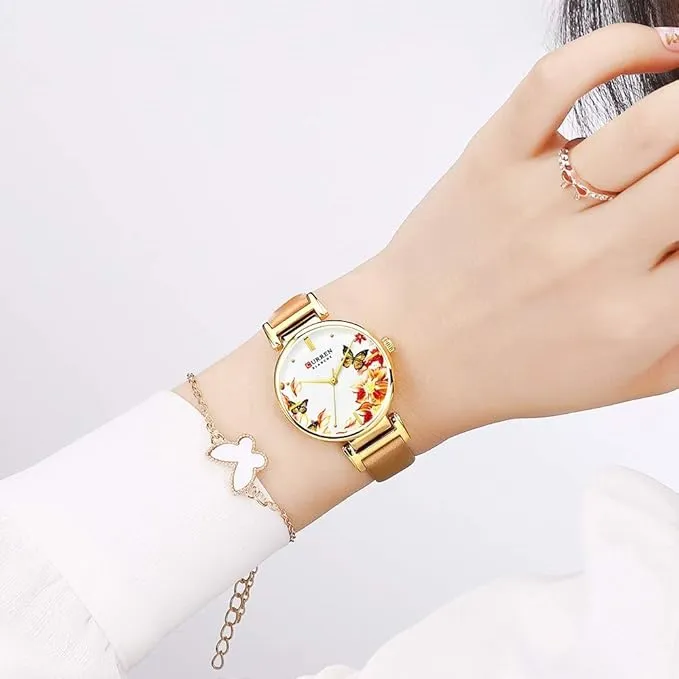 CURREN Ladies Analog Watch Gold Stainless Steel Case Floral Design Dial Beige Leather Strap, Gold