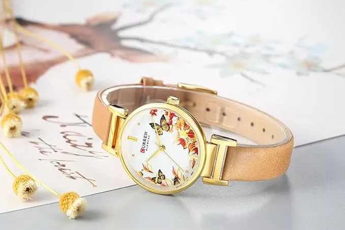 CURREN Ladies Analog Watch Gold Stainless Steel Case Floral Design Dial Beige Leather Strap, Gold
