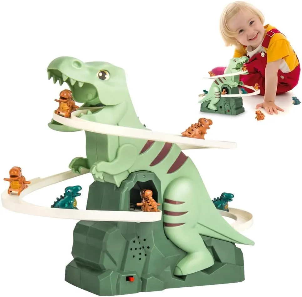 Dinosaur Climbing Slide Set, Azonee Roller Coaster Adventure Track with LED Flashing Lights, Dinosaur Slide Playset for Playdates and Birthday Parties