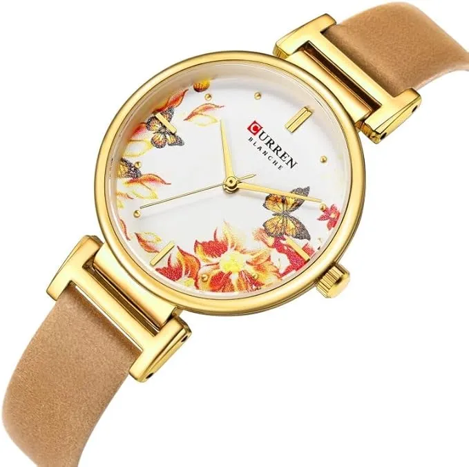 CURREN Ladies Analog Watch Gold Stainless Steel Case Floral Design Dial Beige Leather Strap, Gold