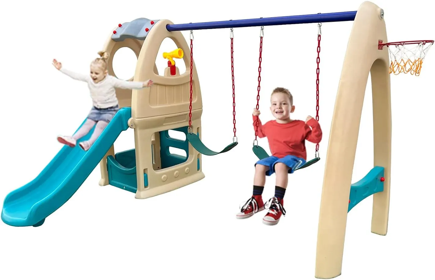 X IANGYU Indoor Outdoor Playground Toys Set With House&Slide And Two Swings For Kids Activity.Multi Color Playground Toy sizeï¼š260*276*190 cm
