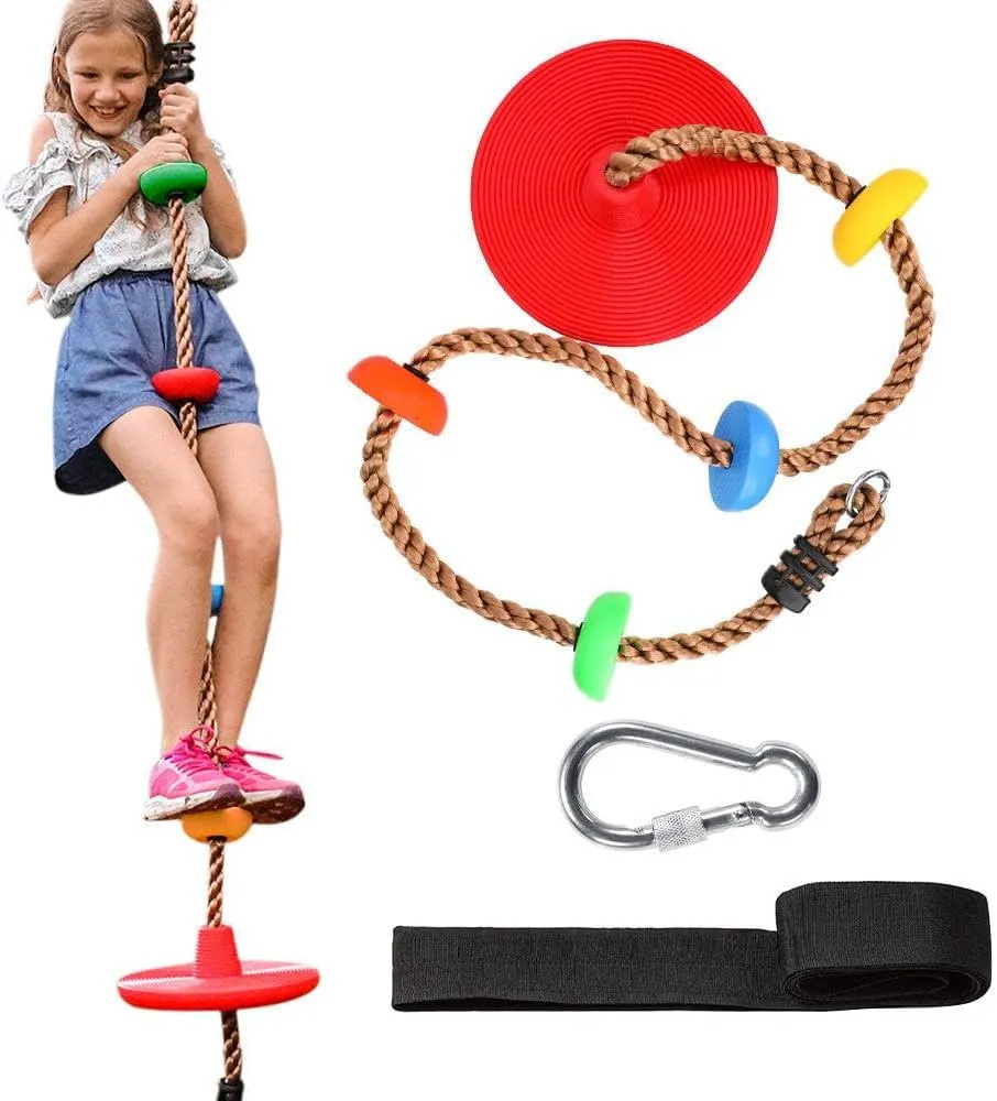 Disc Rope Swing Seat for Kids, Outdoor Backyard Fun Tree Swing Accessory Rope Swing Attachment Climbing Play Set Outside Monkey Treehouse Zip Line Play Set for Outdoor Backyard, Over 6ft, Red