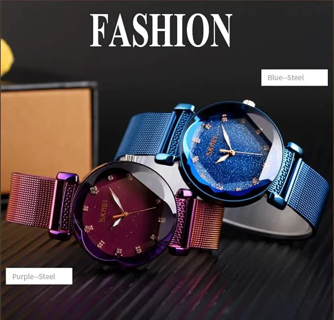 SKMEI Womens Fashion Watches, Starry Sky Dial Waterproof Casual Dress Analogue Quartz Stainless Steel ladies Wristwatch