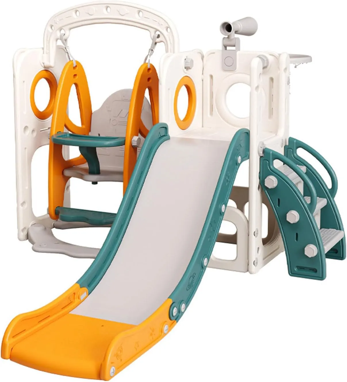 TDOO 6 in 1 Toddler Slide and Swing Set, Baby Slide with Swing, Basketball Hoop, Telescope, Climbing Ladder, Storage, Extra Large Children's Playground, Kid Slide for Toddlers Age 4-6