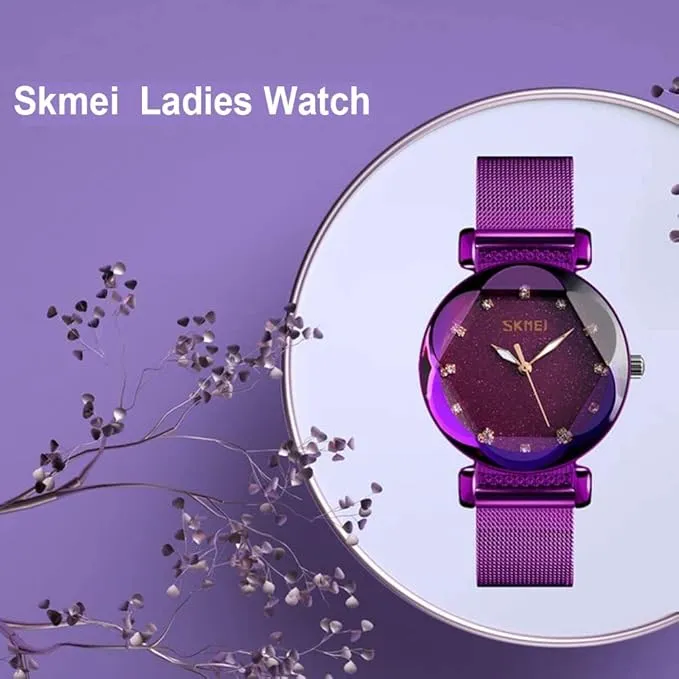 SKMEI Womens Fashion Watches, Starry Sky Dial Waterproof Casual Dress Analogue Quartz Stainless Steel ladies Wristwatch