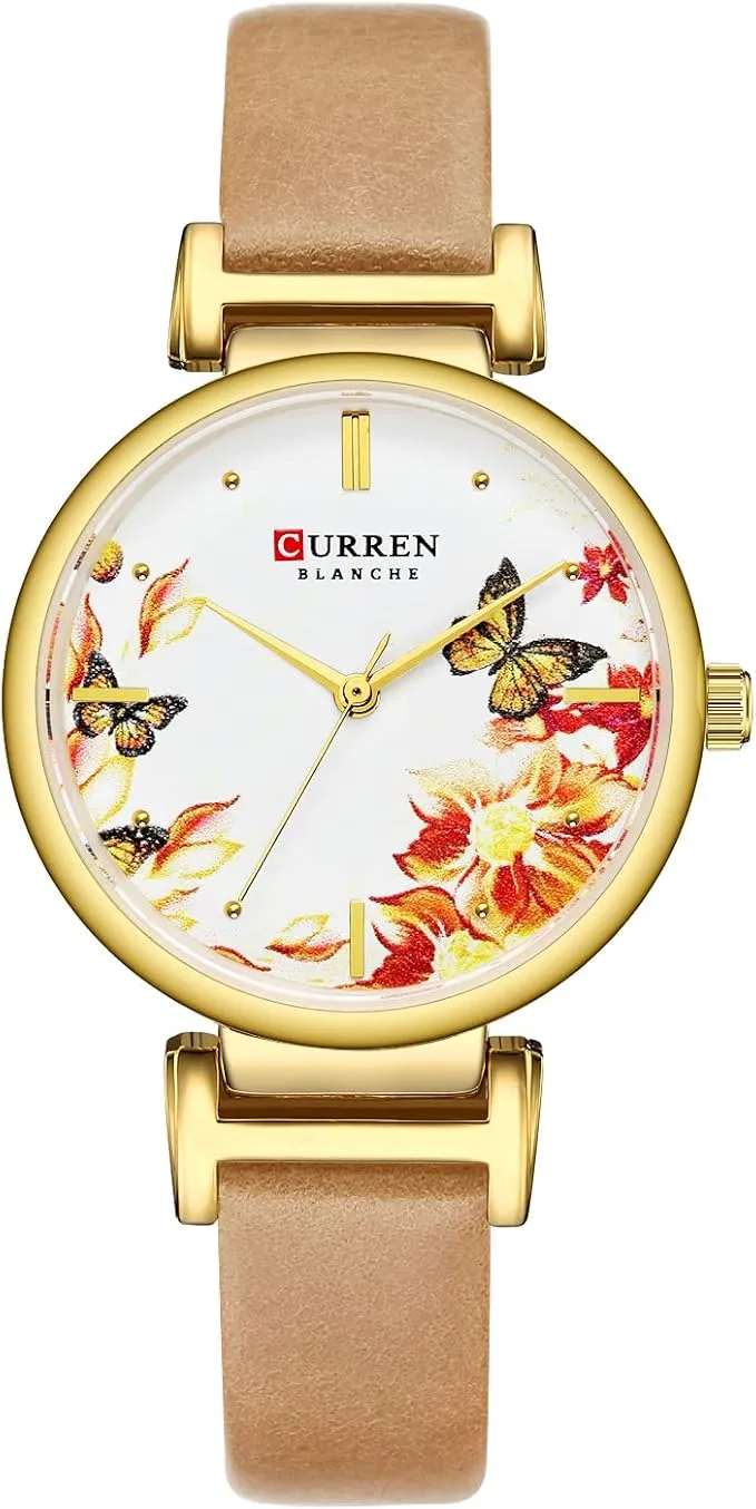 CURREN Ladies Analog Watch Gold Stainless Steel Case Floral Design Dial Beige Leather Strap, Gold