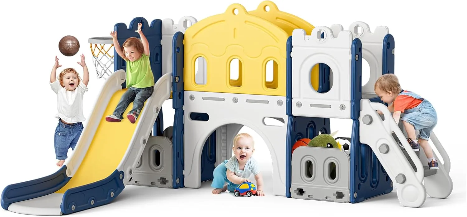 Hapsor 7 in 1 Toddler Slide, Large Kids Slide with Long Aisle, Climber, Basketball Hoop, Tunnel, and Storage Space, Outdoor Indoor Slide Playset for Toddlers 1-3, Blue
