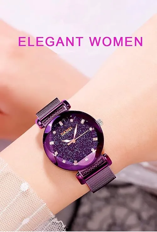 SKMEI Womens Fashion Watches, Starry Sky Dial Waterproof Casual Dress Analogue Quartz Stainless Steel ladies Wristwatch