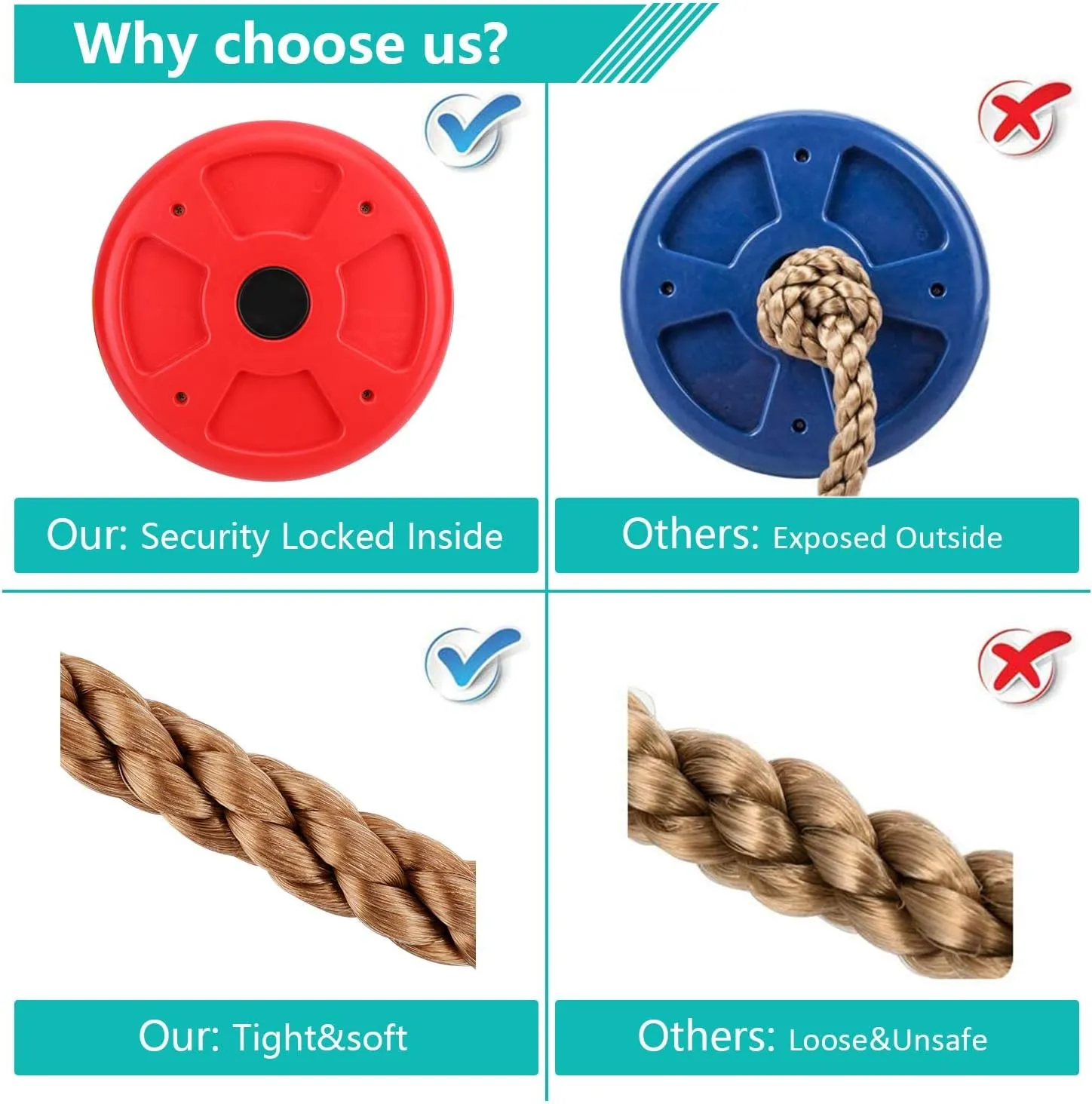 Disc Rope Swing Seat for Kids, Outdoor Backyard Fun Tree Swing Accessory Rope Swing Attachment Climbing Play Set Outside Monkey Treehouse Zip Line Play Set for Outdoor Backyard, Over 6ft, Red