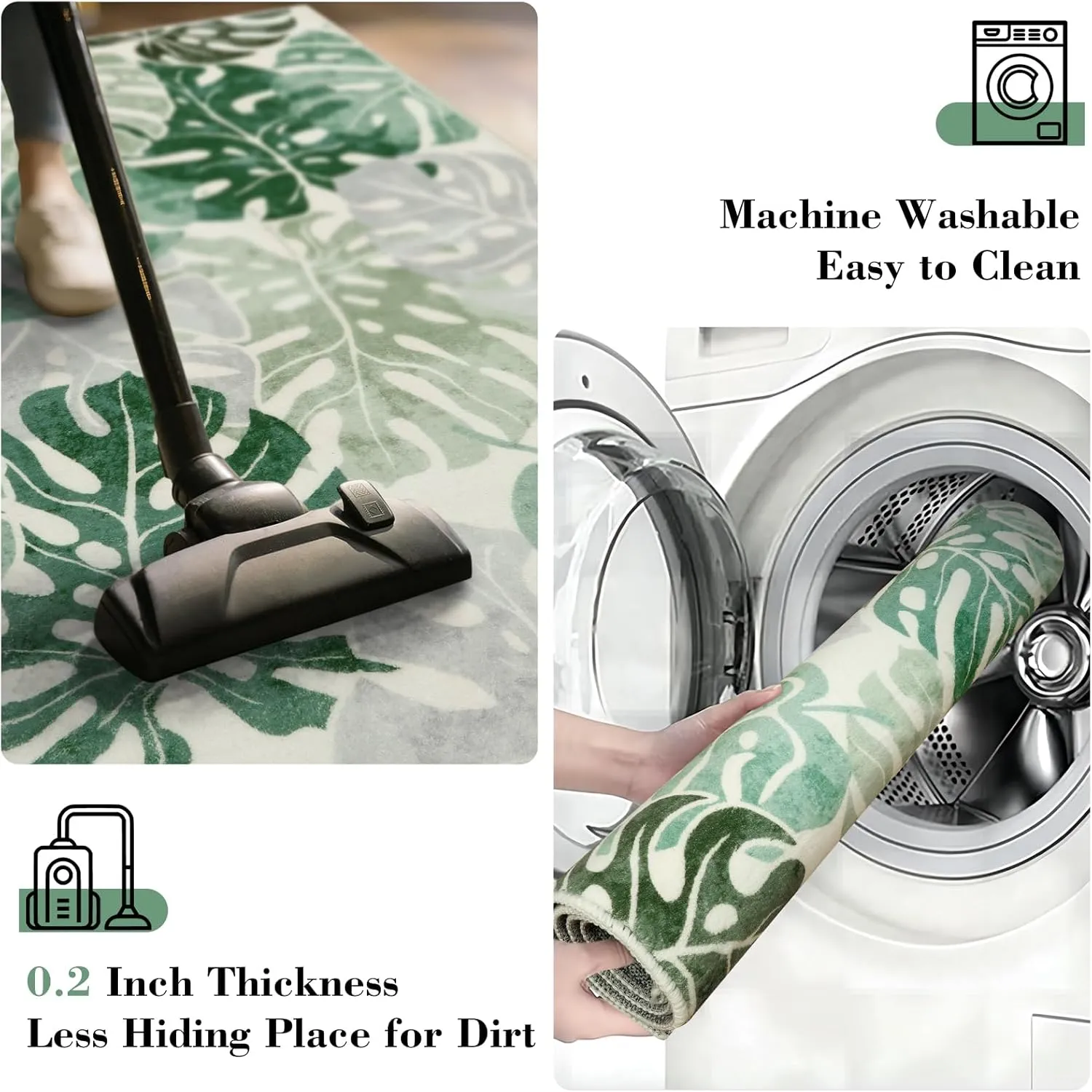 Wonnitar Monstera 3x5 Washable Rug, Sage Green Leaf Area Rugs for Bedroom, Non-Slip Living Room Entry Throw Mat, Low Pile Faux Wool Indoor Carpet for Kitchen Bathroom Office