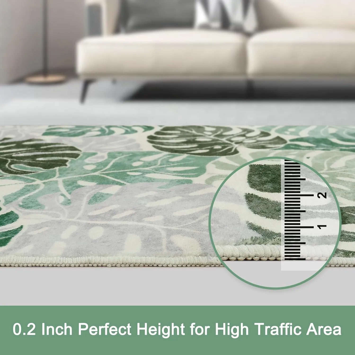 Wonnitar Monstera 3x5 Washable Rug, Sage Green Leaf Area Rugs for Bedroom, Non-Slip Living Room Entry Throw Mat, Low Pile Faux Wool Indoor Carpet for Kitchen Bathroom Office