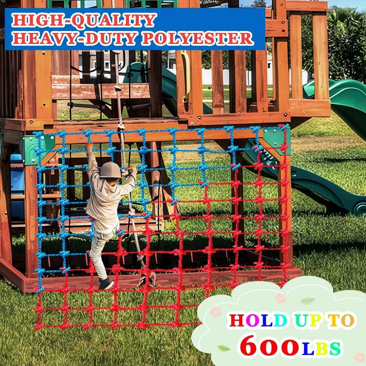 JumpTrzz Climbing Cargo Net, Polyester Playground Climbing Net, Heavy Duty Large Military Climbing Net for Kids Outdoor, Kids Safety Protection Net, Rope Ladder, Jungle Gyms, Swingset, Treehouse