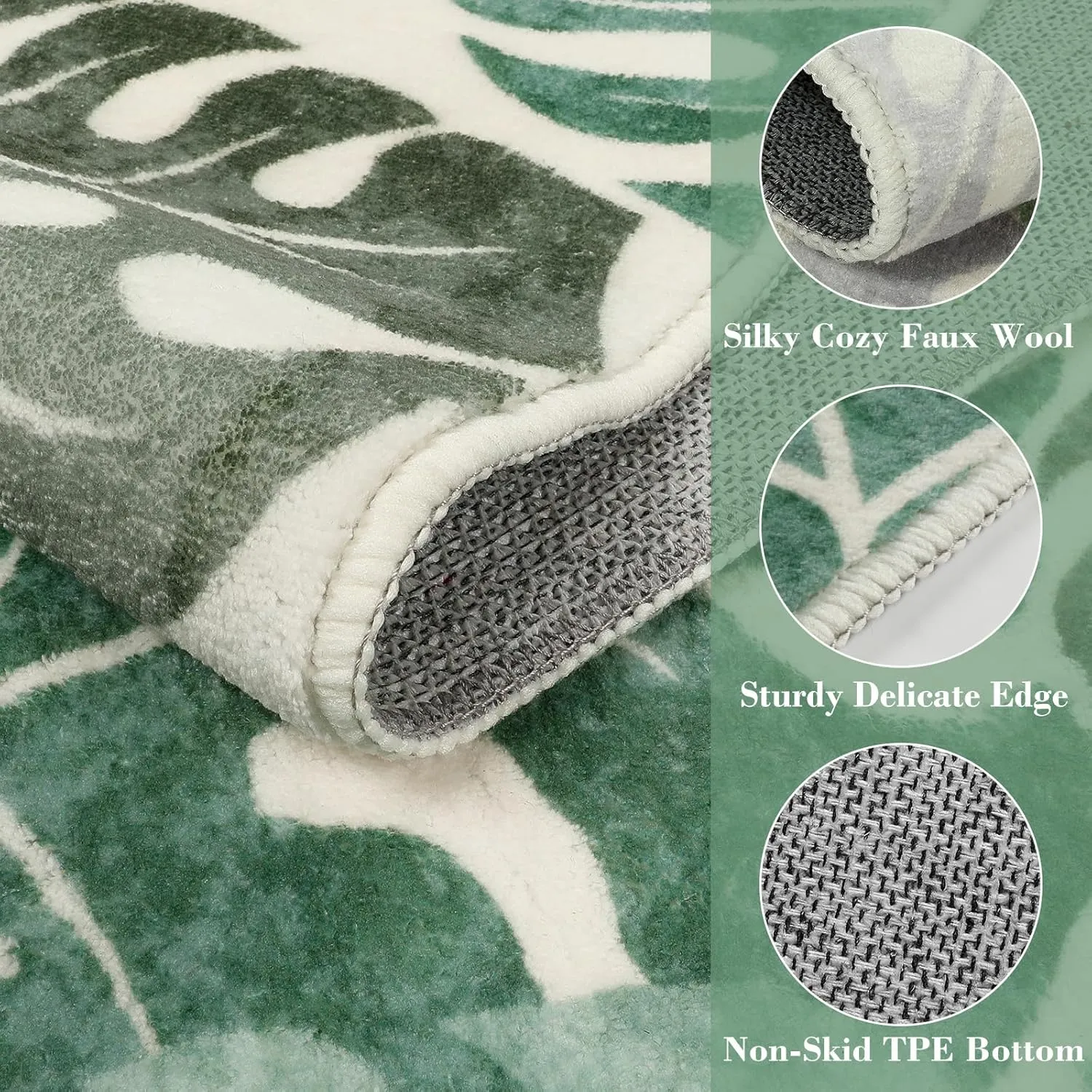 Wonnitar Monstera 3x5 Washable Rug, Sage Green Leaf Area Rugs for Bedroom, Non-Slip Living Room Entry Throw Mat, Low Pile Faux Wool Indoor Carpet for Kitchen Bathroom Office