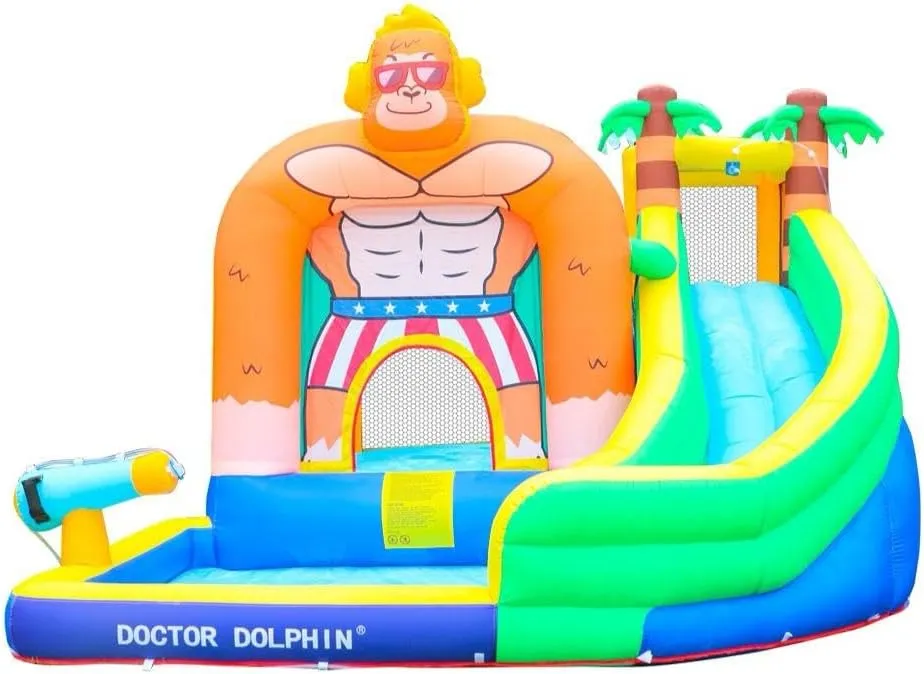 Doctor Dolphin Inflatable Water Slide for Kids Water Park Bounce House with Splash Pool & Long Slide Blower Kids King Kong Theme Water Slide Park Bouncy Castle for Outdoor