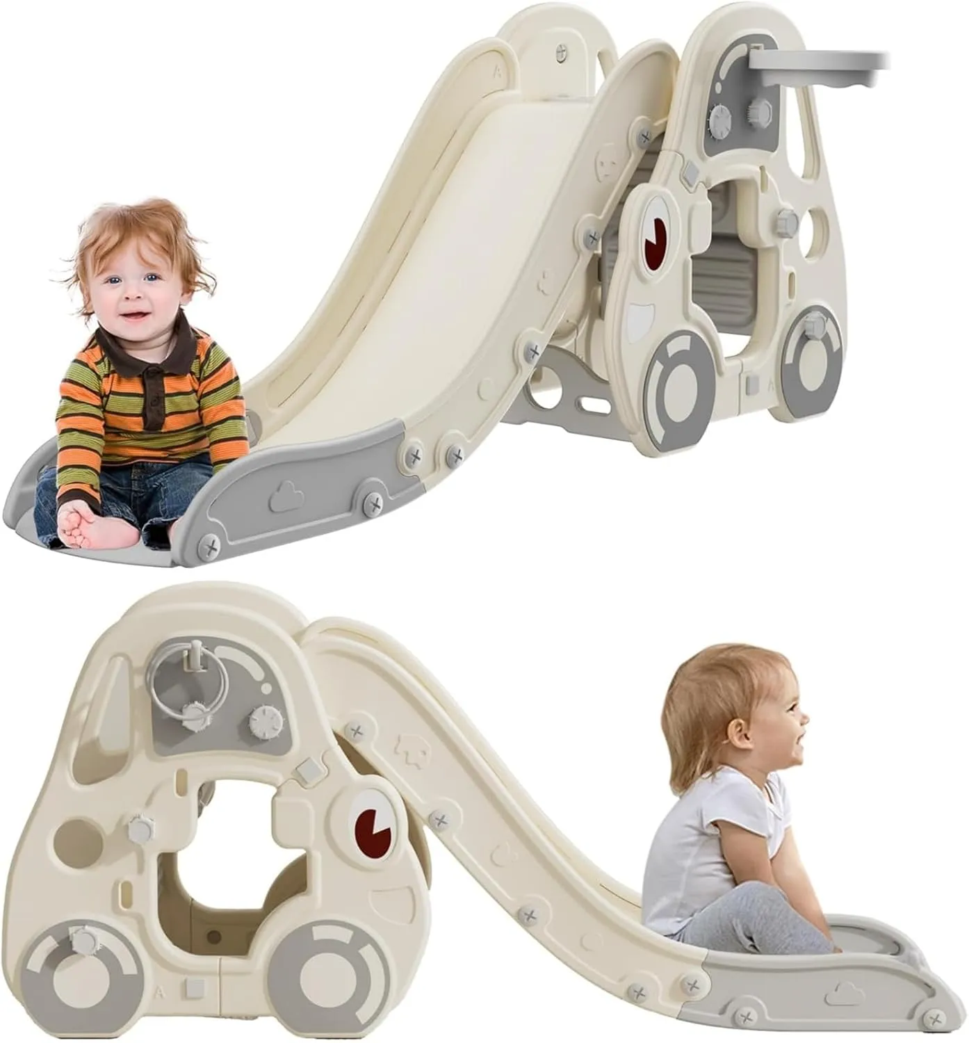 AM ANNA Kids Slide for Toddlers Age 1-3 Indoor, Baby Plastic Slide Outdoor Climber Freestanding Playset with Basketball Hoop & Ring Game, Indoor and Outdoor Playground for Kids (Grey)