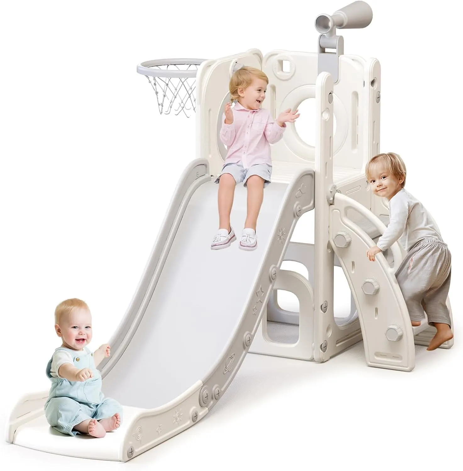 SOOFAM 6 in 1 Toddler Slide for Toddler Age 1-6,Kids Climber Slider for Indoor Outdoor Playground with Basketball Hoop,Storage and Telescope,L Shaped Slide for Toddler Climber Playset (white)