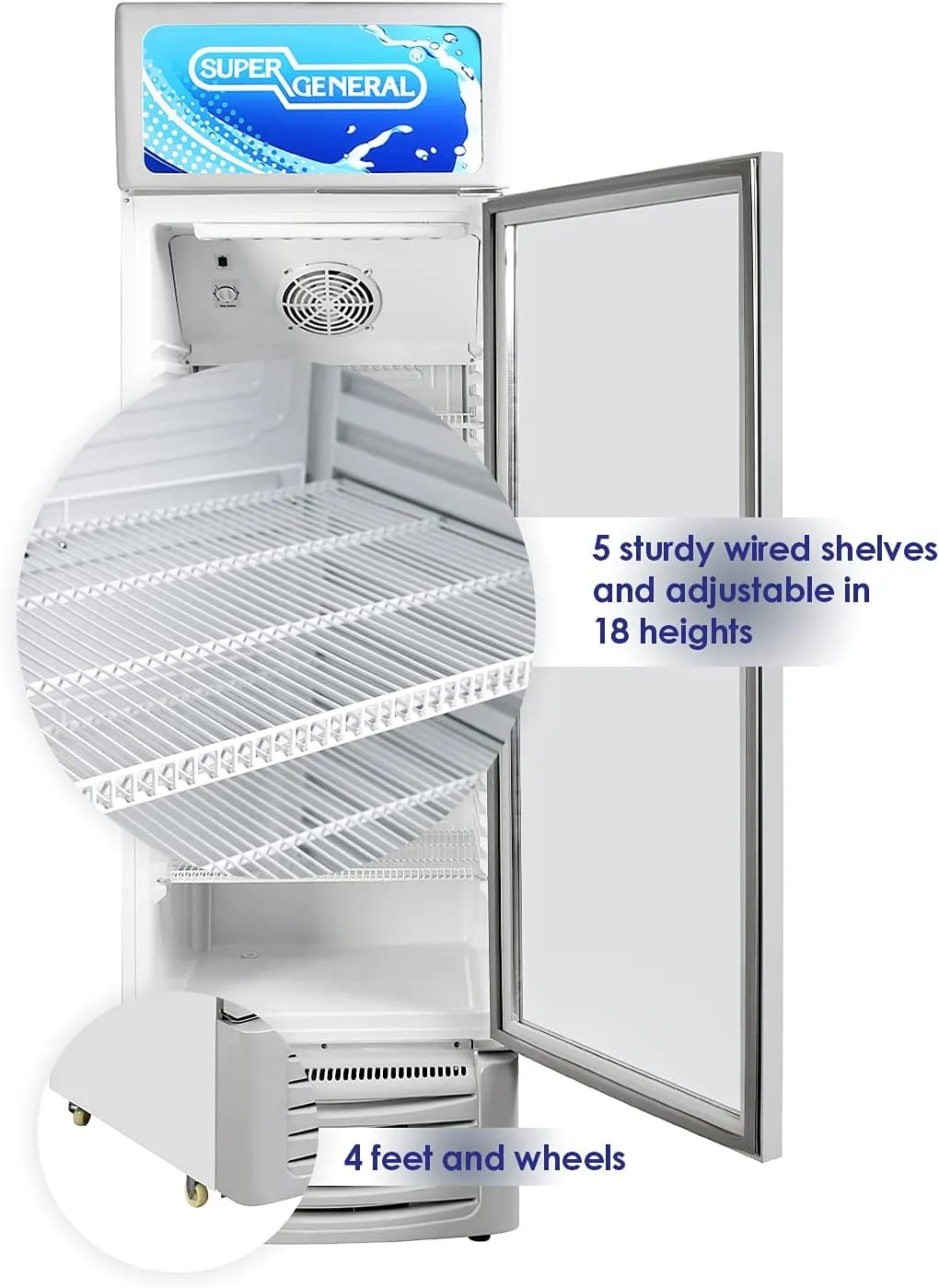 Super General 450 Liter Gross Single-Door Chiller, Upright Beverage-Showcase, Energy-saving, low-noise, White, SGSC-455-N, 66 x 57 x 210 cm, 1 Year Warranty