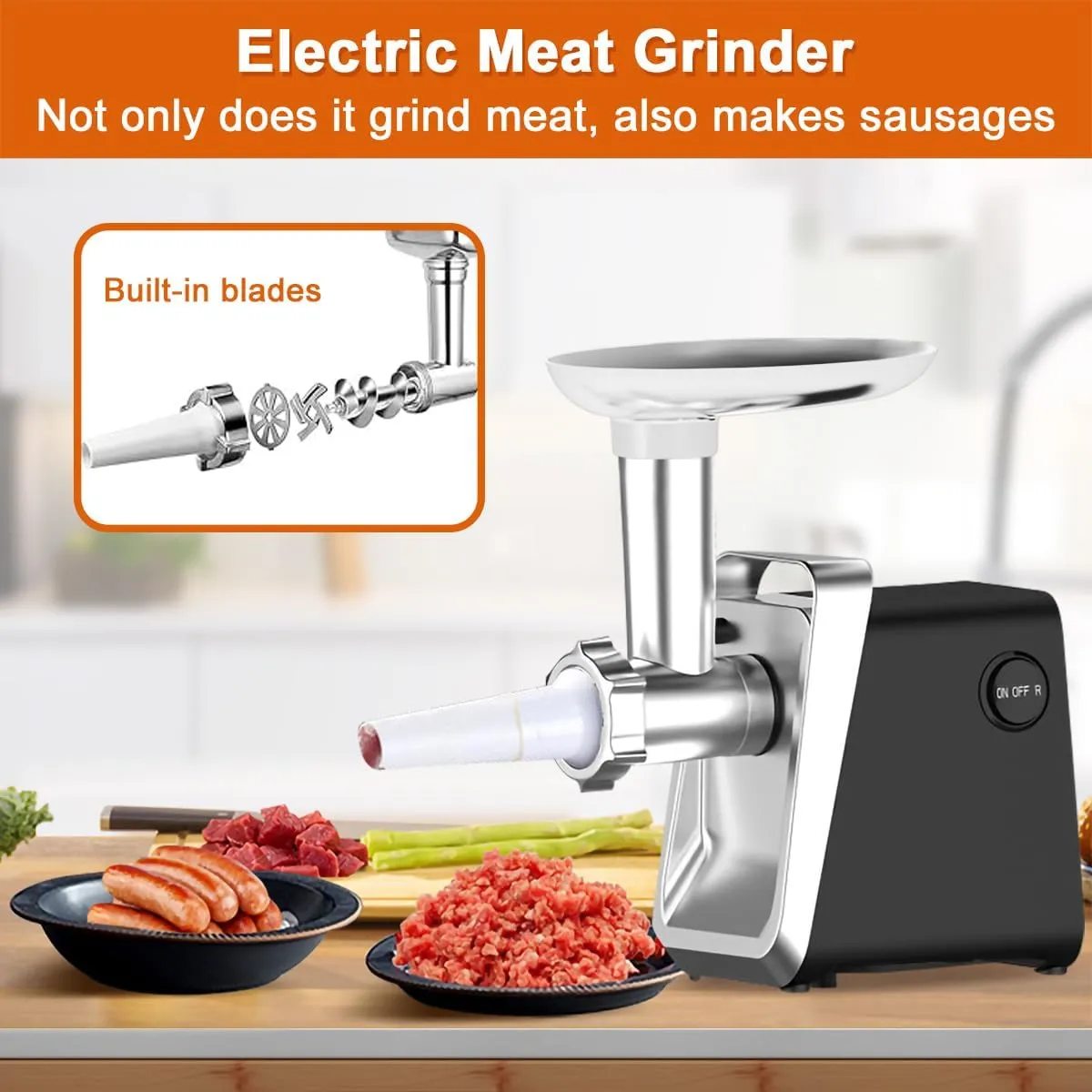 Electric Meat Grinder Sausage Machine Stainless Steel Food Grinder with 2 Cutting Plates Sausage Stuffer Tube & Kubbe Kit, 400W Food Mincer for Sausages Meat Vegetable Fruit Chopper for Home Kitchen