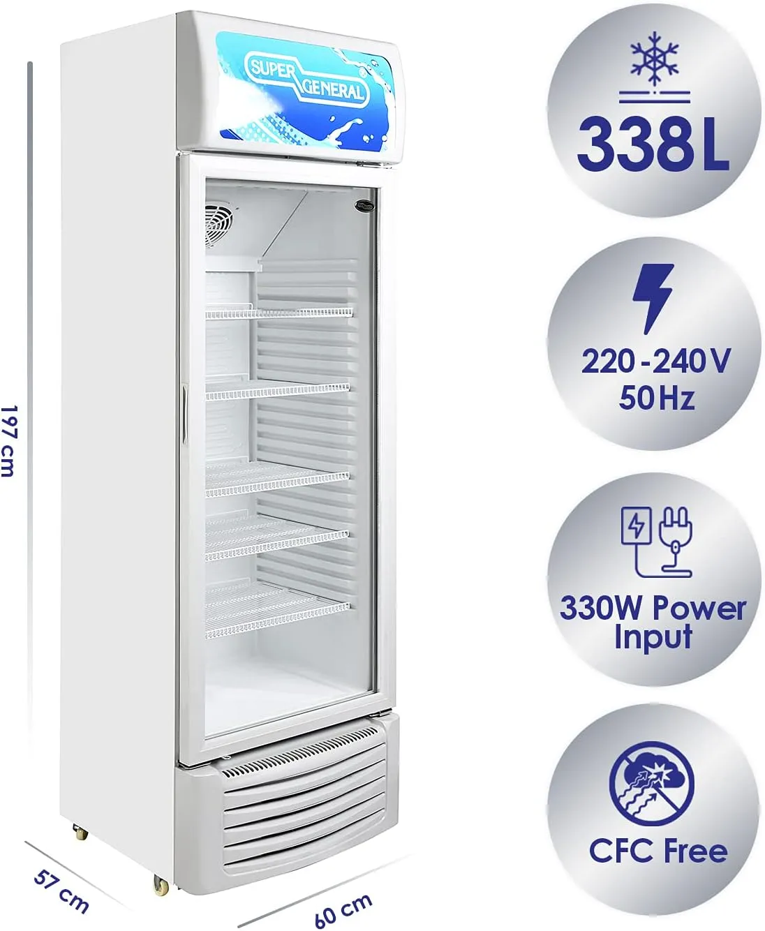 Super General 450 Liter Gross Single-Door Chiller, Upright Beverage-Showcase, Energy-saving, low-noise, White, SGSC-455-N, 66 x 57 x 210 cm, 1 Year Warranty