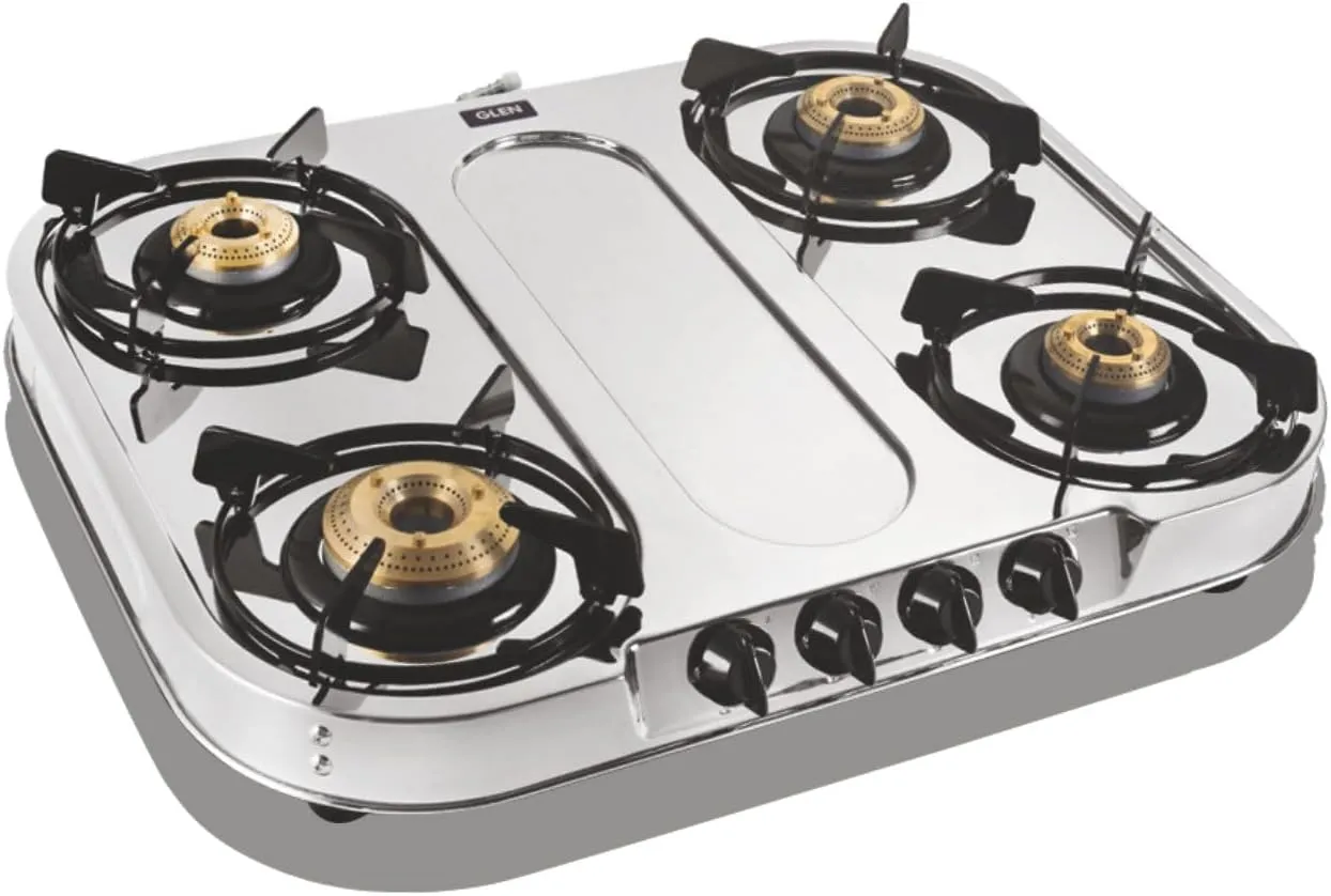 GLEN 4 Burner Stainless Steel Gas Stove Extra Wide 1 High Flame 3 Brass Burner (1044 XL SS HF BB)