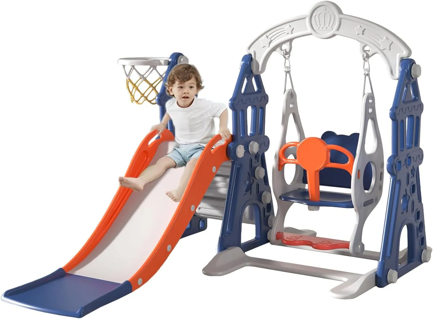 Slide, Swing & Explore! The All-in-One Indoor & Outdoor Playset!X IANGYU 3-in-1 multi-functional slide, slide swing basketball indoor and outdoor slide game set Blue