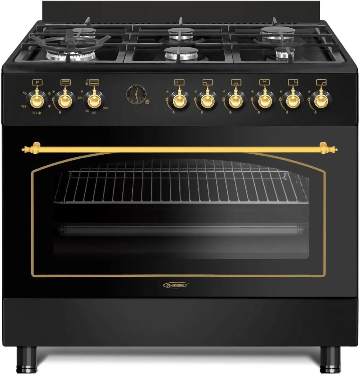 General Gold 90x60 cm Freestanding Gas Cooker 6 Burner, Dual Wok, Automatic Ignition, Gas Oven, Grill with Triple Glass Door, Full FFD Safety, Rotisserie, Cooling Fan, Heavy Duty Cooking Range Stove