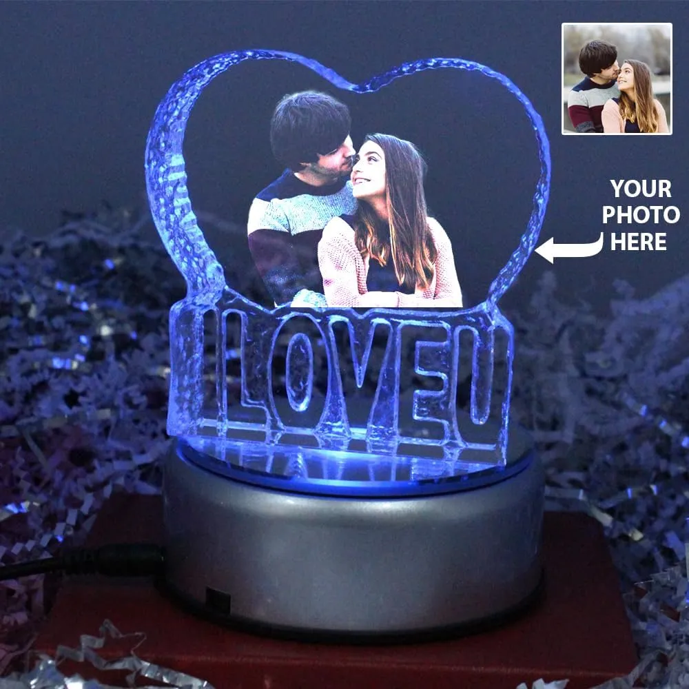 PRINTSHOP4ME Personalized Valentines Day Crystal Photo Gift - Perfect for Anniversary and Birthday Gift for Wife - Custom Photo Gift for Your Wife (I Love U Crystal + Rotatable LED Base)