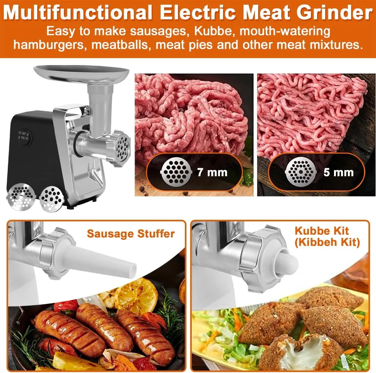 Electric Meat Grinder Sausage Machine Stainless Steel Food Grinder with 2 Cutting Plates Sausage Stuffer Tube & Kubbe Kit, 400W Food Mincer for Sausages Meat Vegetable Fruit Chopper for Home Kitchen