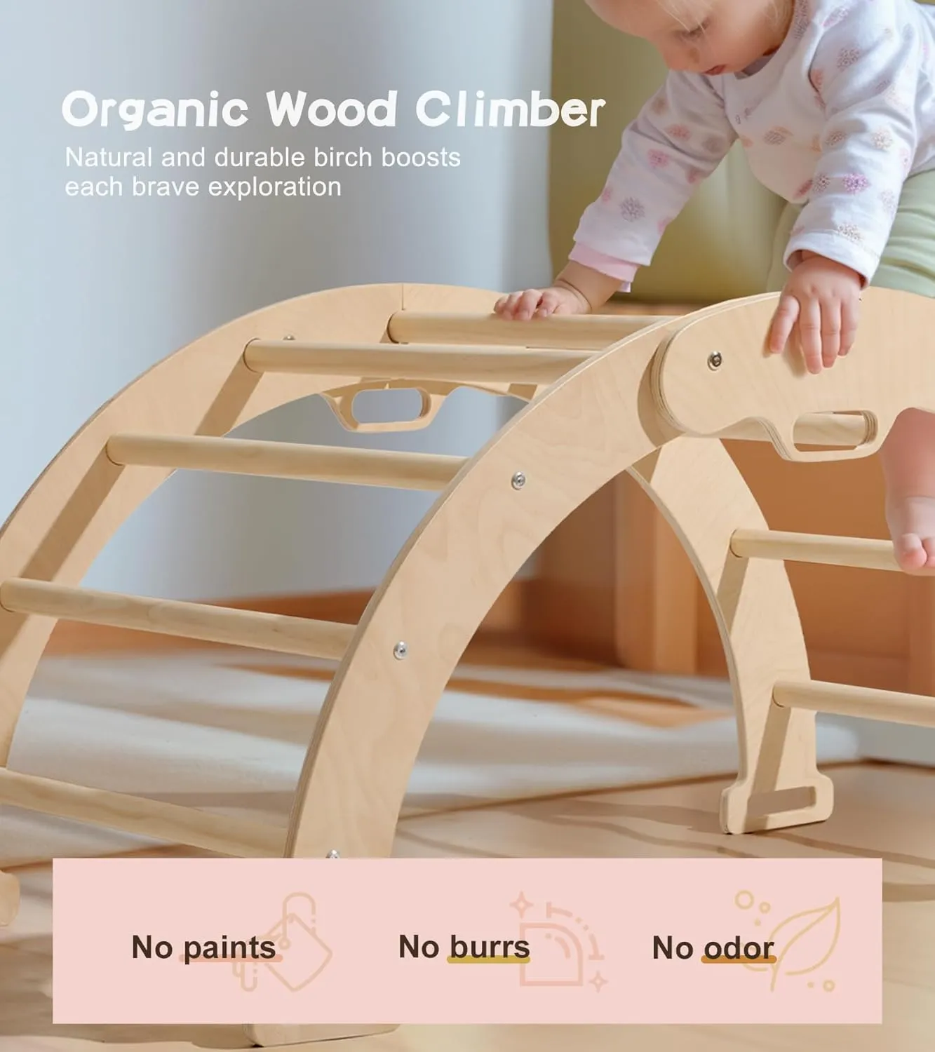 3-in-1 Montessori Wooden Arch Climber with Cushion, Toddler Climbing Toys Indoor, Toddler Rocker with Cushion, Baby Wooden Play Gym with Hanging Toys, Indoor Playground for Kids, 132 lbs Load Capacity