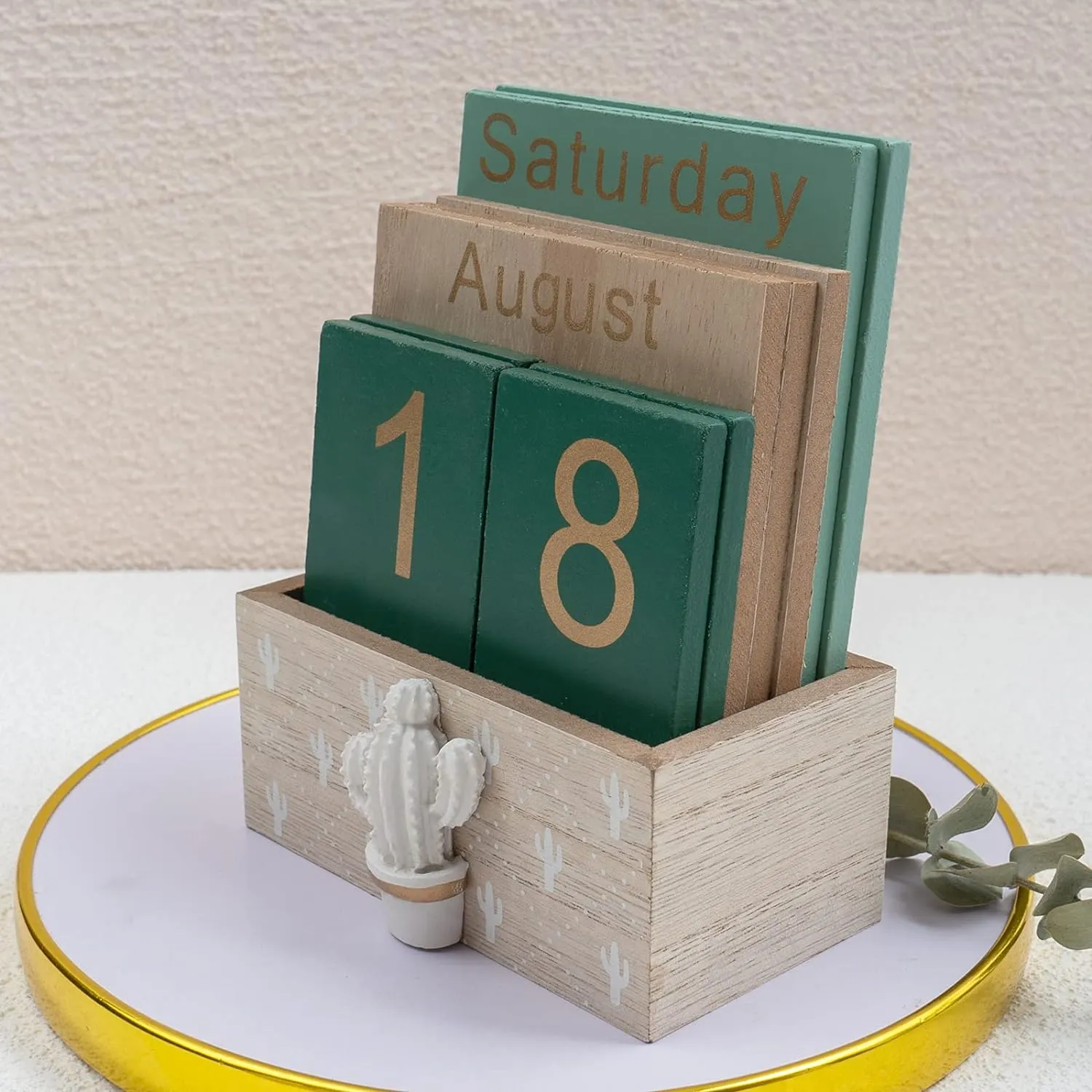 Notakia Perpetual Calendar, Wooden Calendar for Home Office Desk Accessories Vintage Wood Block Calendar(Green)
