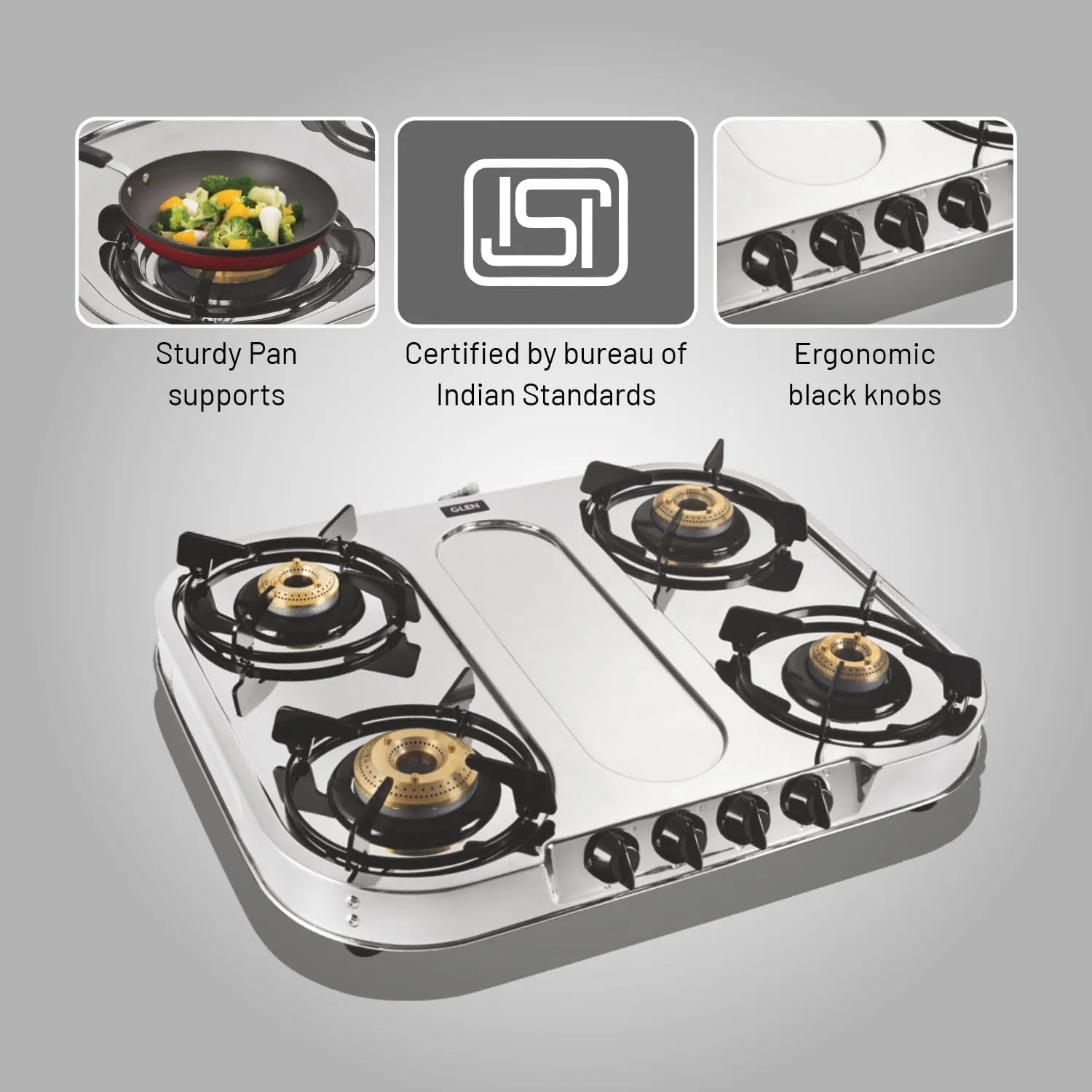 GLEN 4 Burner Stainless Steel Gas Stove Extra Wide 1 High Flame 3 Brass Burner (1044 XL SS HF BB)