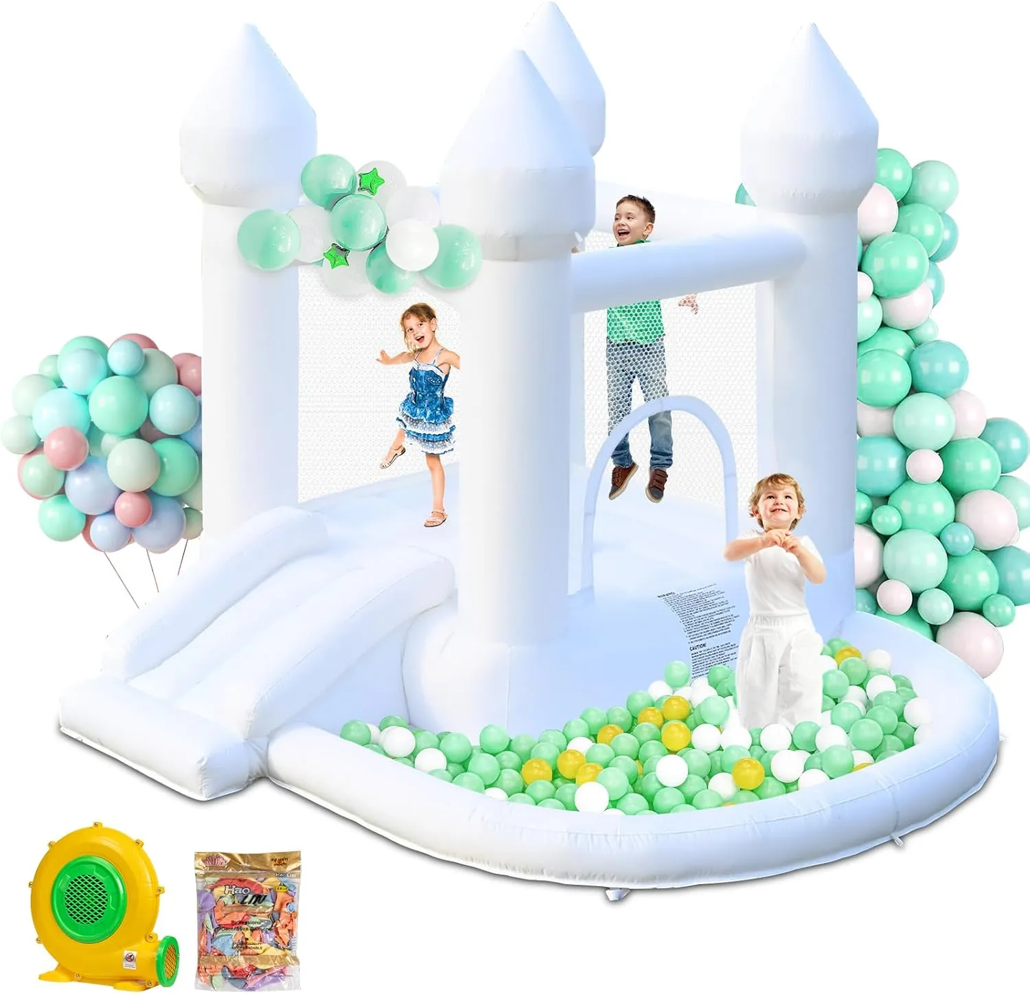 AONESY White Bounce House, Inflatable Bounce House with Ball Pit & Slide for Kids Indoor Bounce House Portable Fun House Outdoor Bounce House with Blower for Birthday Party, Wedding Decor