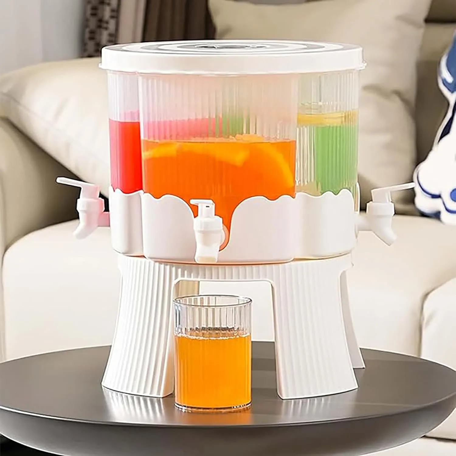 ALMEKAQUZ 360° Rotatable Beverage Dispenser for Fridge, 1.5 * 4 L Drink Dispenser with Spigot Iced Juice Water Container with Stand for Parties (White with Stand)