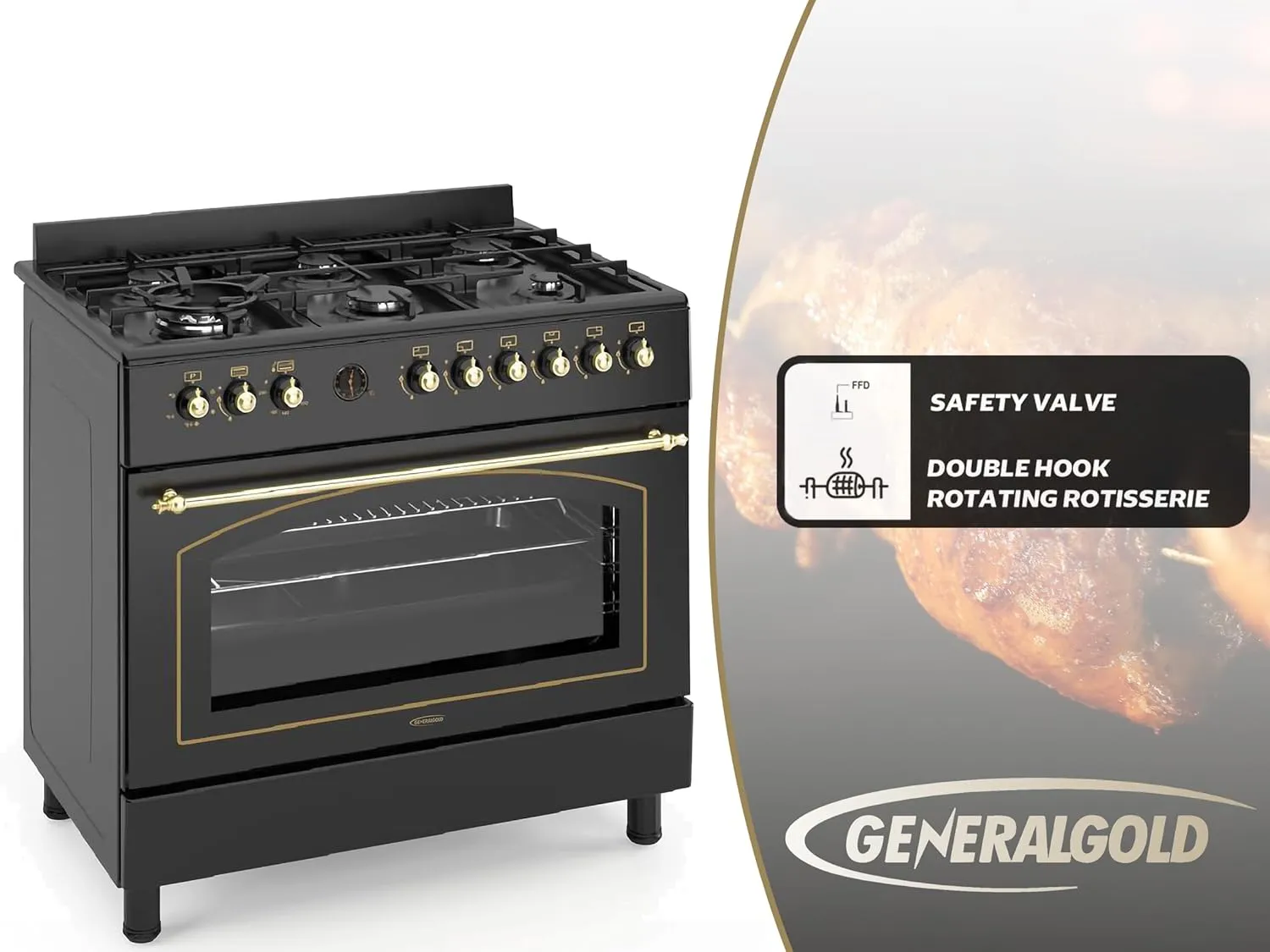 General Gold 90x60 cm Freestanding Gas Cooker 6 Burner, Dual Wok, Automatic Ignition, Gas Oven, Grill with Triple Glass Door, Full FFD Safety, Rotisserie, Cooling Fan, Heavy Duty Cooking Range Stove