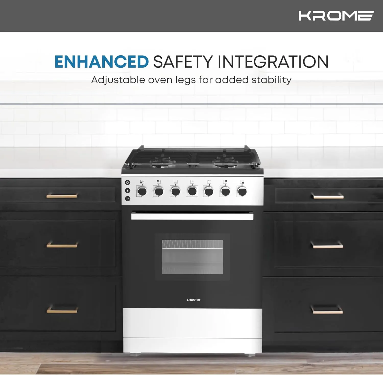 KROME 60x60cm Free Standing Cooker, Cast Iron,Gas Oven, Full Gas Ignition with 4 Burners, Stainless Steel Cooking Range, Double Burners in Oven, Full Safety, MADE IN TURKEY, INOX, KR-CR606O