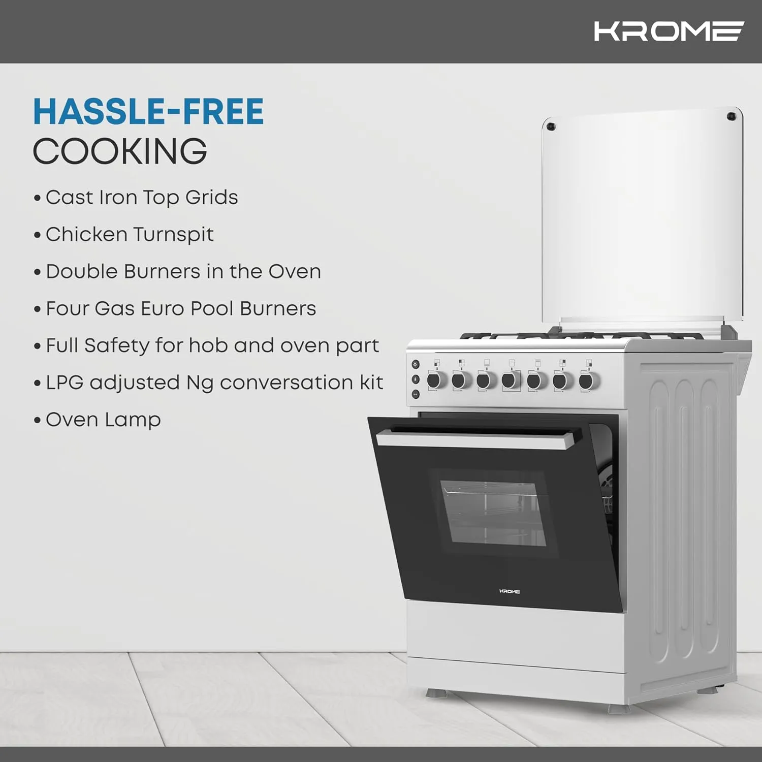 KROME 60x60cm Free Standing Cooker, Cast Iron,Gas Oven, Full Gas Ignition with 4 Burners, Stainless Steel Cooking Range, Double Burners in Oven, Full Safety, MADE IN TURKEY, INOX, KR-CR606O