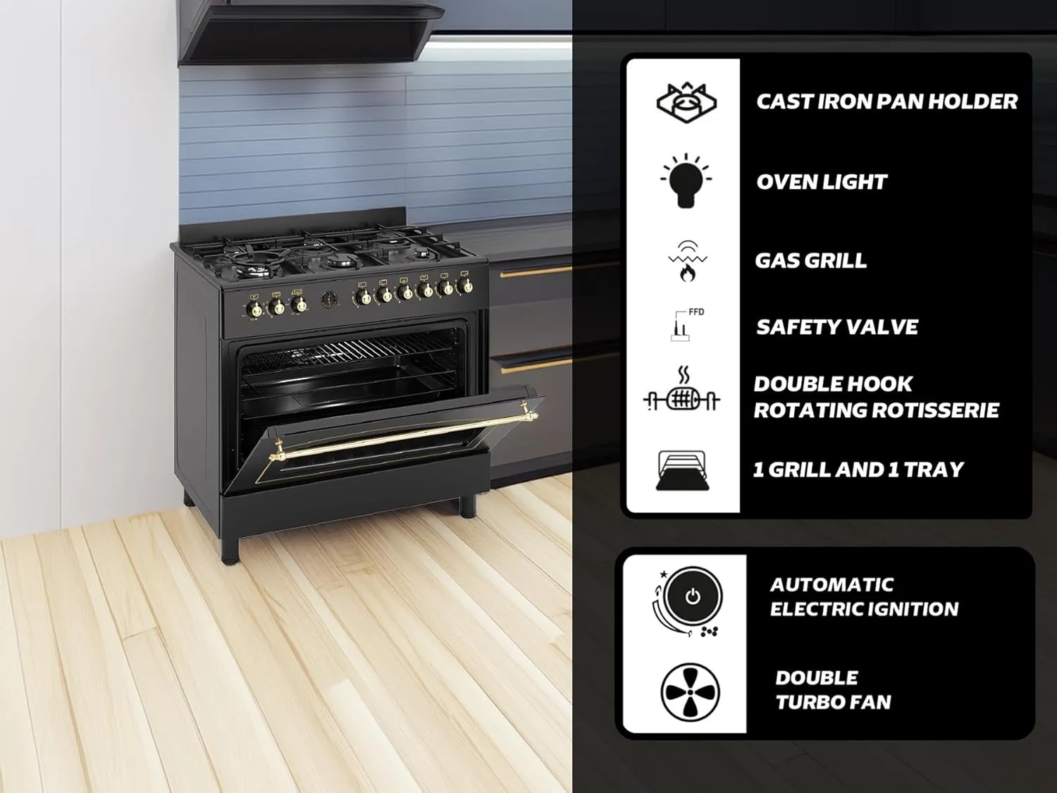 General Gold 90x60 cm Freestanding Gas Cooker 6 Burner, Dual Wok, Automatic Ignition, Gas Oven, Grill with Triple Glass Door, Full FFD Safety, Rotisserie, Cooling Fan, Heavy Duty Cooking Range Stove