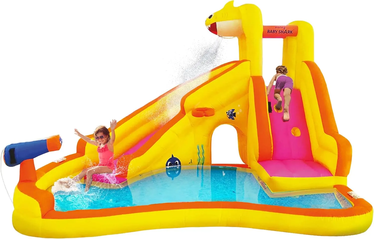 Funormous Baby Shark Bounce House with Slide Wet or Dry, Pink Fong Inflatable Water Slide, Party Outdoor Curve Waterslide Fun, Kids Backyard Water Park, includes Water Sprayer, Pool & Blower