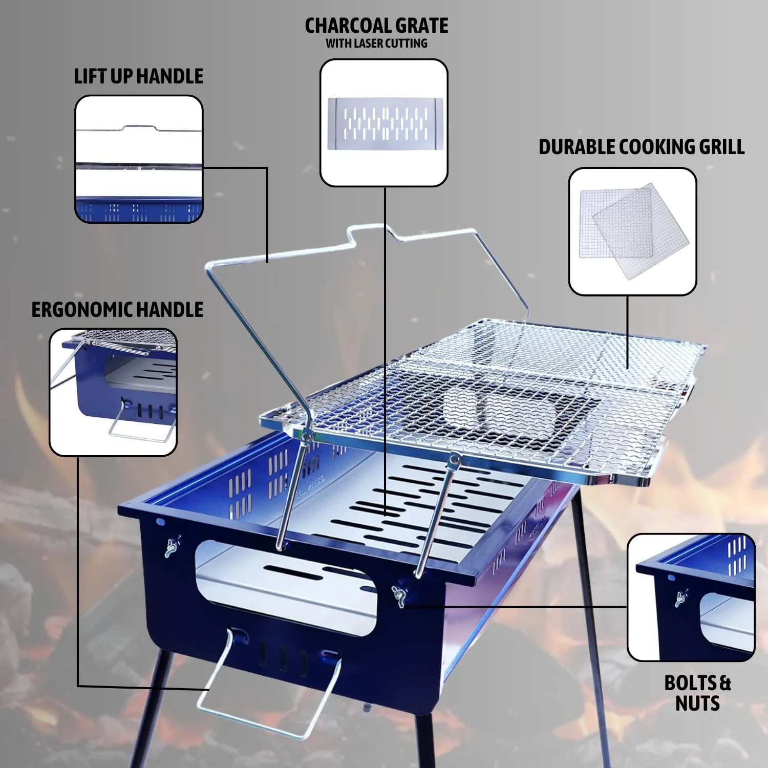 Procamp | MADE IN JAPAN | Charcoal Barbecue with Liftable Grill - Rust Resistant Portable BBQ Grill | Cooks for 5-7 Persons | Easy to Dismantle Grill for Outdoor Camping, Patio Cooking, BBQ Party