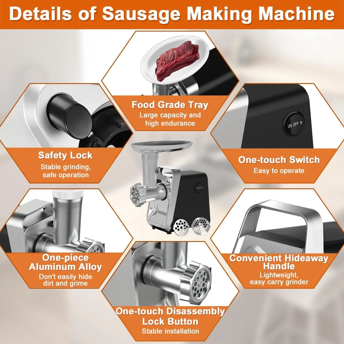 Electric Meat Grinder Sausage Machine Stainless Steel Food Grinder with 2 Cutting Plates Sausage Stuffer Tube & Kubbe Kit, 400W Food Mincer for Sausages Meat Vegetable Fruit Chopper for Home Kitchen
