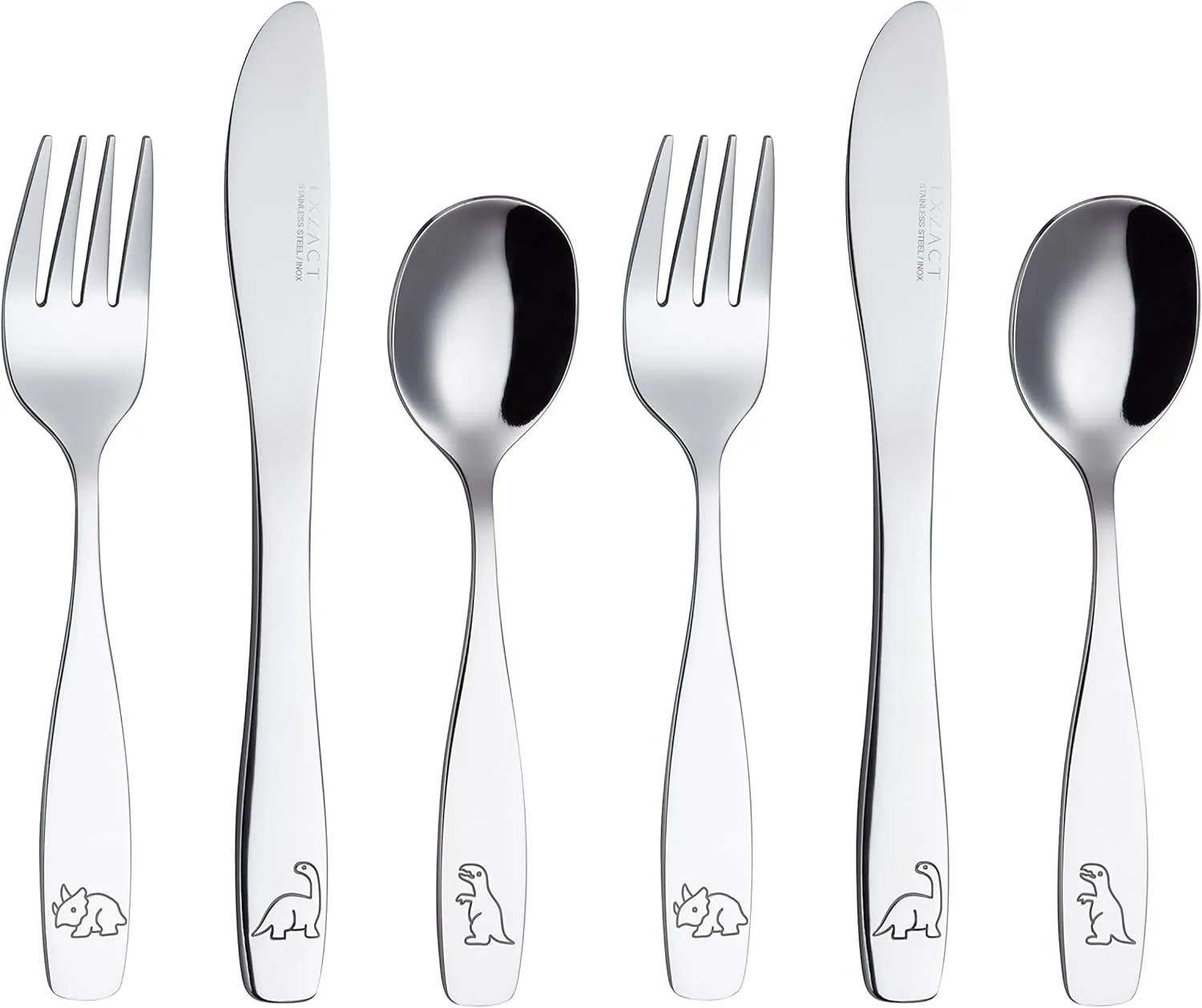 Exzact Children's Cutlery Stainless Steel 6pcs Set/Kids Cutlery/Toddler Utensils/Flatware - 2 x Forks, 2 x Safe Dinner Knives, 2 x Dinner Spoons - Engraved (Dinosaurs)