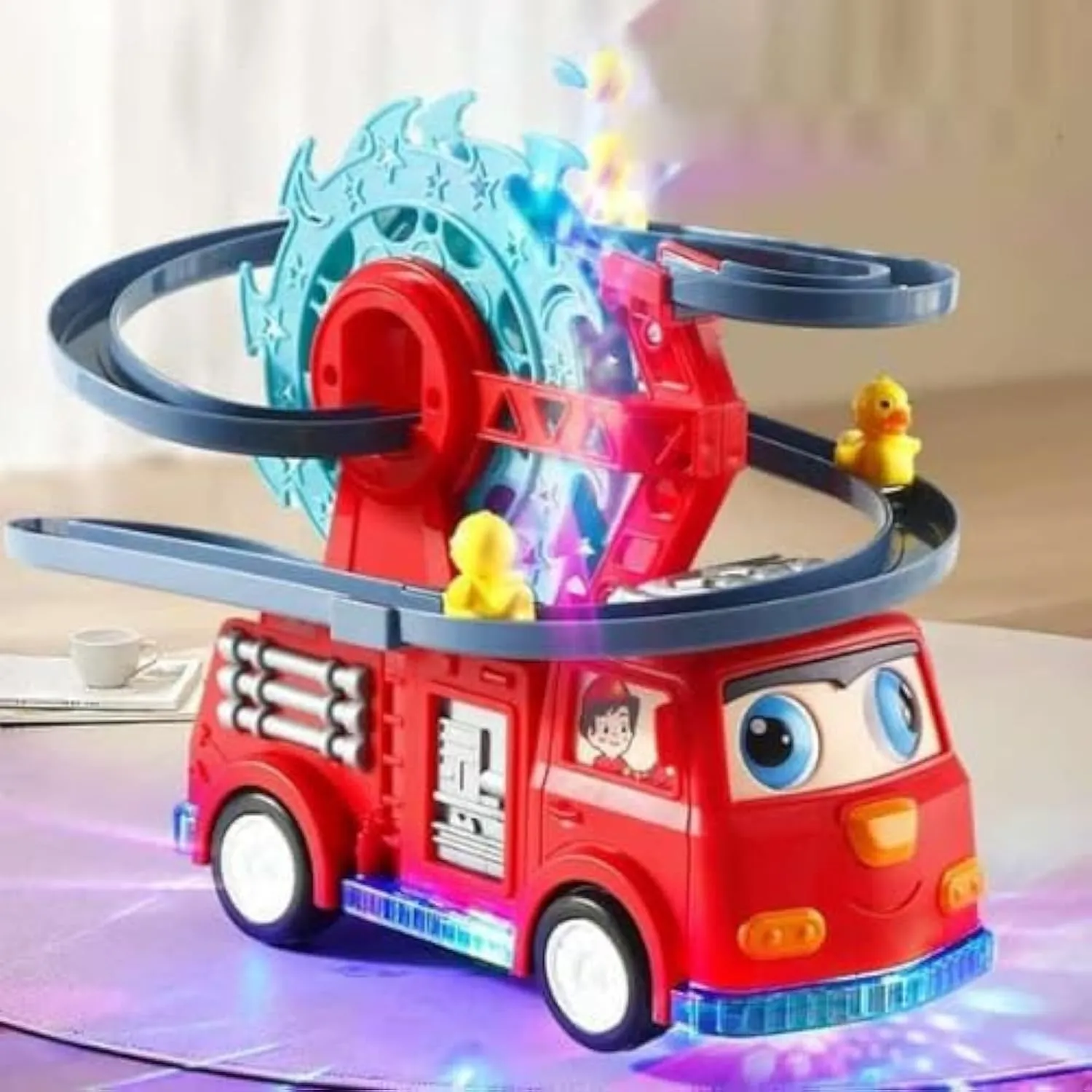 S SGTT PRO Funny Automatic Stair-Climbing Ducklings Cartoon Race Track Set, Fire Rail Car Duck Swivel Slide, Little Lovely Duck Slide Escalator Toy with Lights and Music