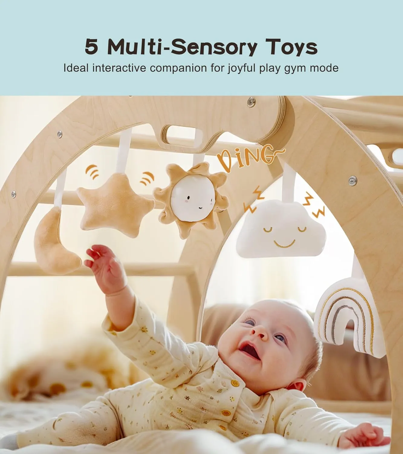 3-in-1 Montessori Wooden Arch Climber with Cushion, Toddler Climbing Toys Indoor, Toddler Rocker with Cushion, Baby Wooden Play Gym with Hanging Toys, Indoor Playground for Kids, 132 lbs Load Capacity