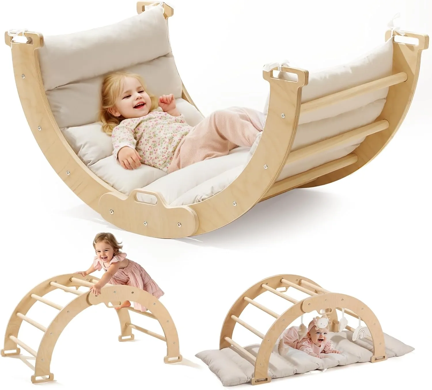 3-in-1 Montessori Wooden Arch Climber with Cushion, Toddler Climbing Toys Indoor, Toddler Rocker with Cushion, Baby Wooden Play Gym with Hanging Toys, Indoor Playground for Kids, 132 lbs Load Capacity