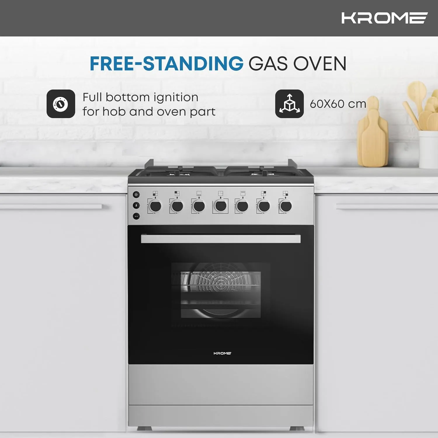 KROME 60x60cm Free Standing Cooker, Cast Iron,Gas Oven, Full Gas Ignition with 4 Burners, Stainless Steel Cooking Range, Double Burners in Oven, Full Safety, MADE IN TURKEY, INOX, KR-CR606O