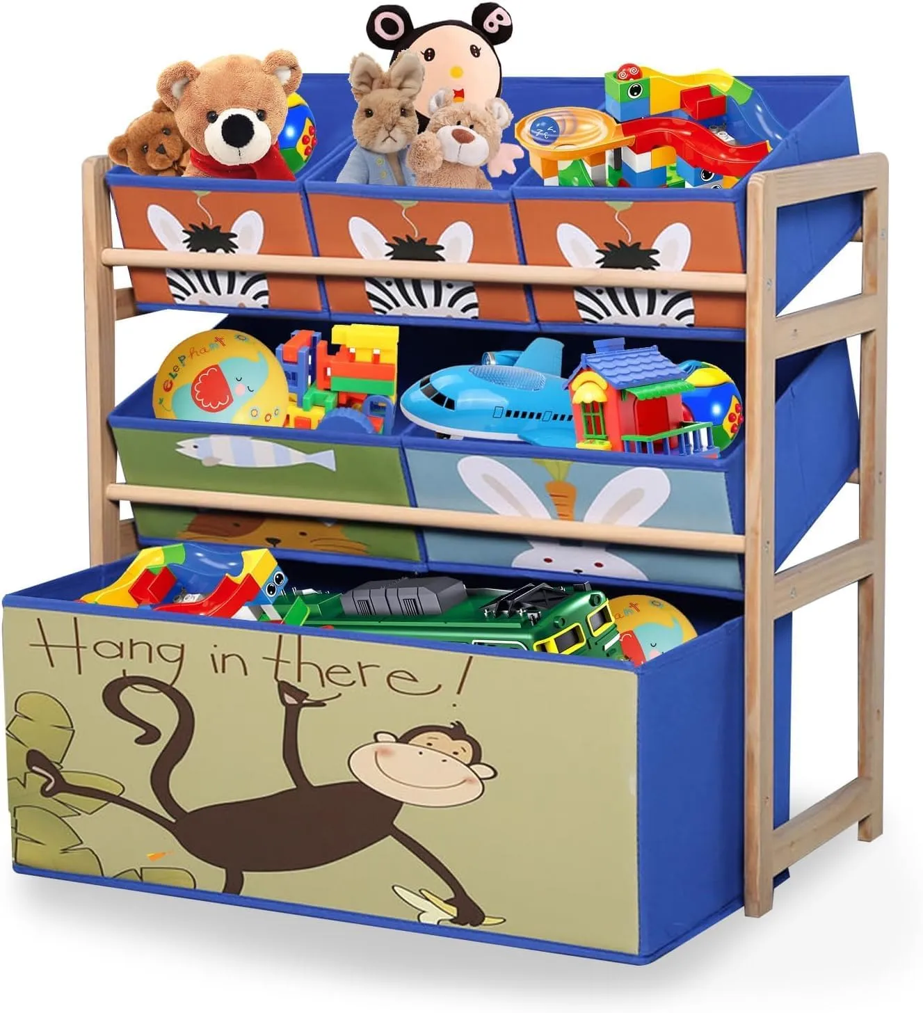 FALAHOM 3-Layer Solid Wood Toy Storage Cabinet with Bookshelf,for Kids' Playroom Essentials,with 6 Detachable Storage Bins Extra Large Capacity for Playroom, Nursery and Kids Room (Monkey)