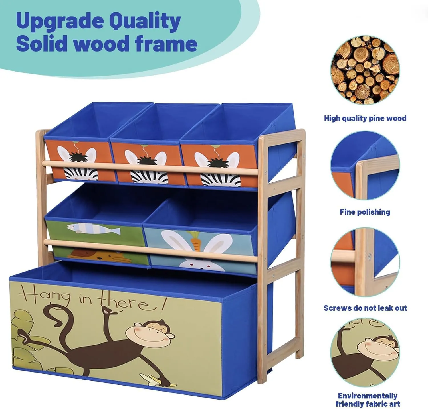 FALAHOM 3-Layer Solid Wood Toy Storage Cabinet with Bookshelf,for Kids' Playroom Essentials,with 6 Detachable Storage Bins Extra Large Capacity for Playroom, Nursery and Kids Room (Monkey)