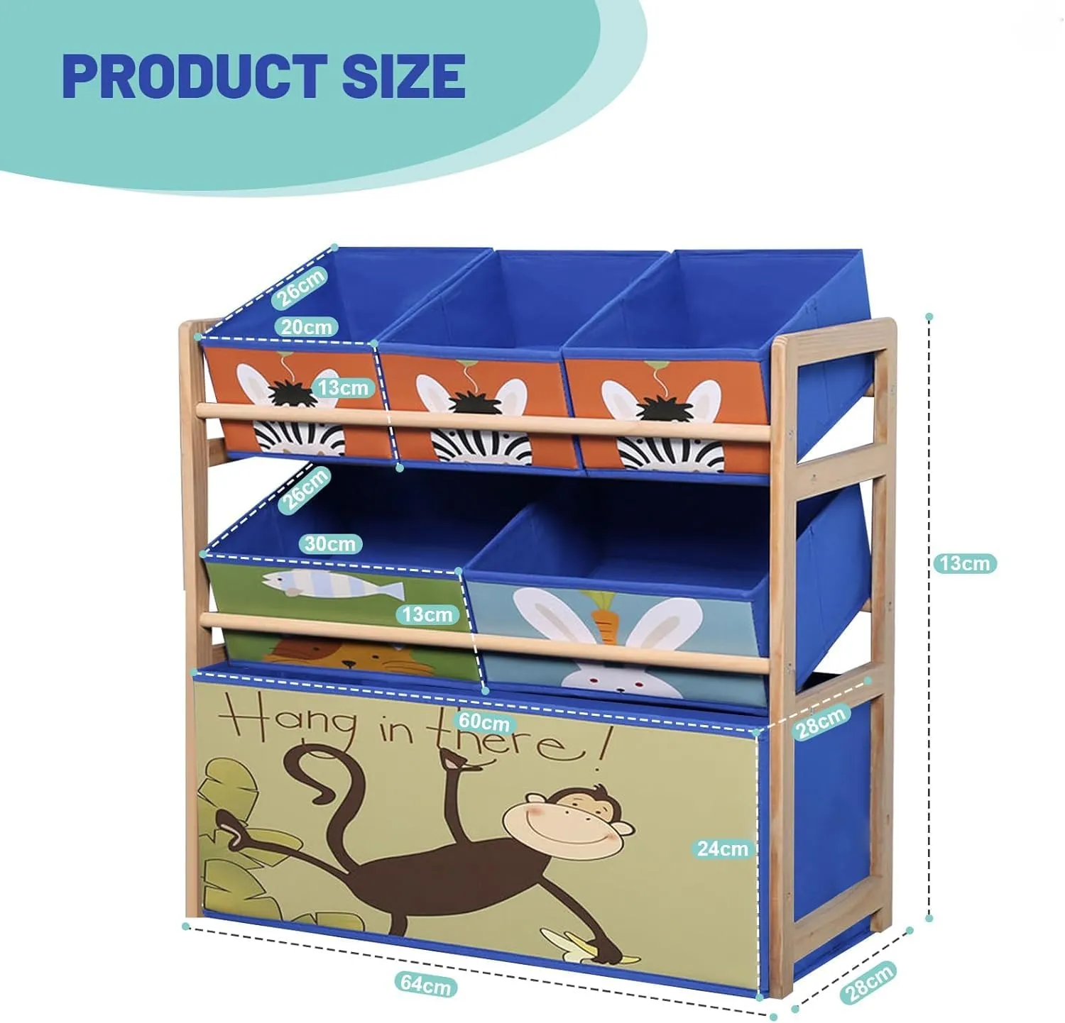 FALAHOM 3-Layer Solid Wood Toy Storage Cabinet with Bookshelf,for Kids' Playroom Essentials,with 6 Detachable Storage Bins Extra Large Capacity for Playroom, Nursery and Kids Room (Monkey)